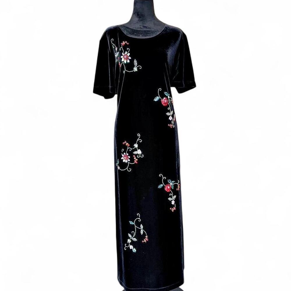Vintage Velvet Black Maxi Dress – Beaded Floral Witchy[XXL]